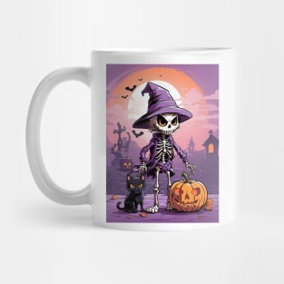 Well dressed Halloween skeleton with cat and pumpkin Mug